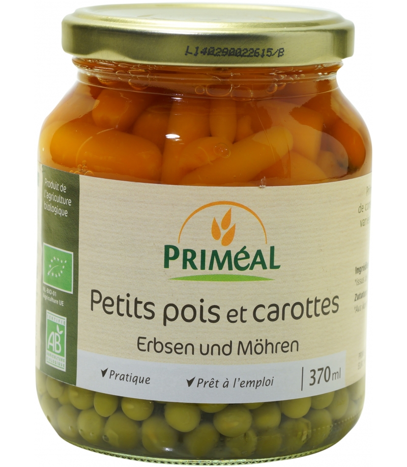 Petits pois et carottes en conserve BIO 370ml Priméal [FR]