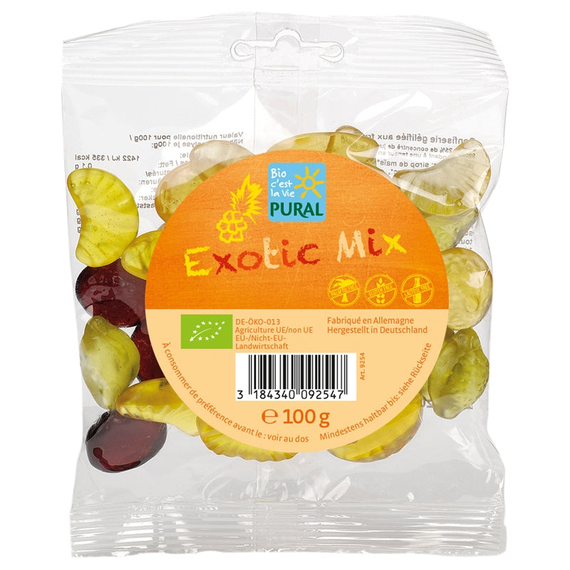 Bio-Fruchtbonbons mit exotischen Früchten und Gelatine – Exotische Mischung – 100 g – Pural