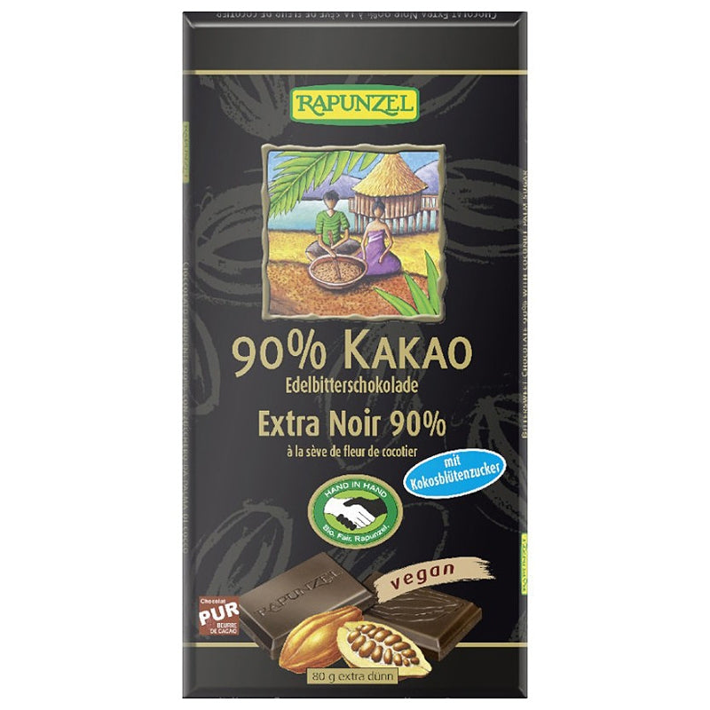 Chocolat extra noir 90% cacao & sève de fleur cocotier BIO - 80g - Rapunzel