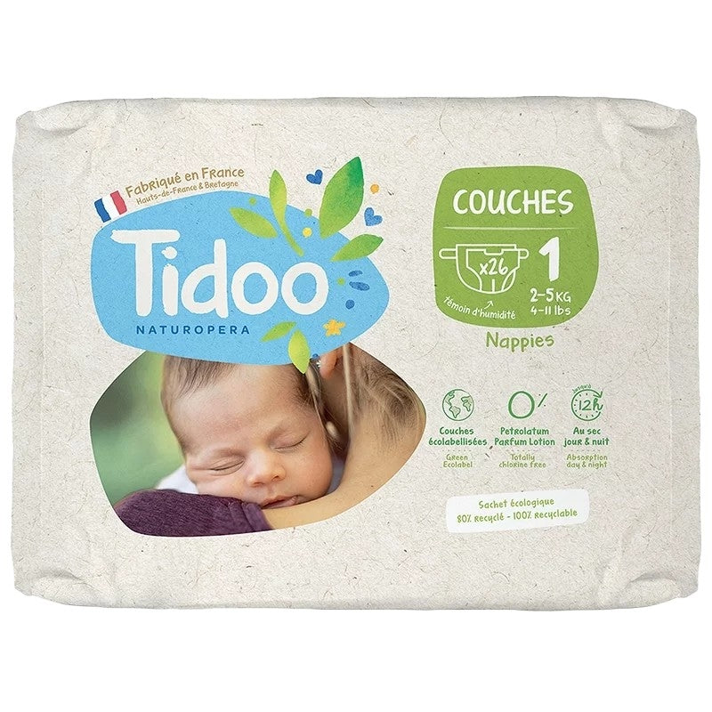 Couches jetables écologiques Taille 1 XS 2-5 kg - 26 pièces - Tidoo