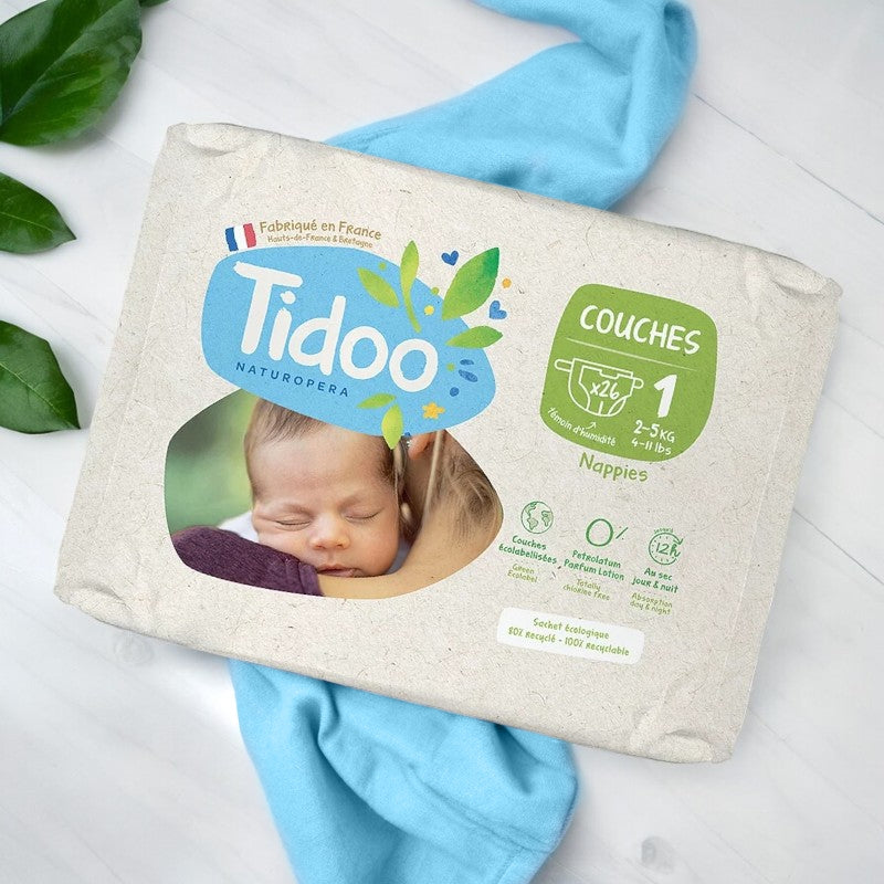 Couches jetables écologiques Taille 1 XS 2-5 kg - 26 pièces - Tidoo