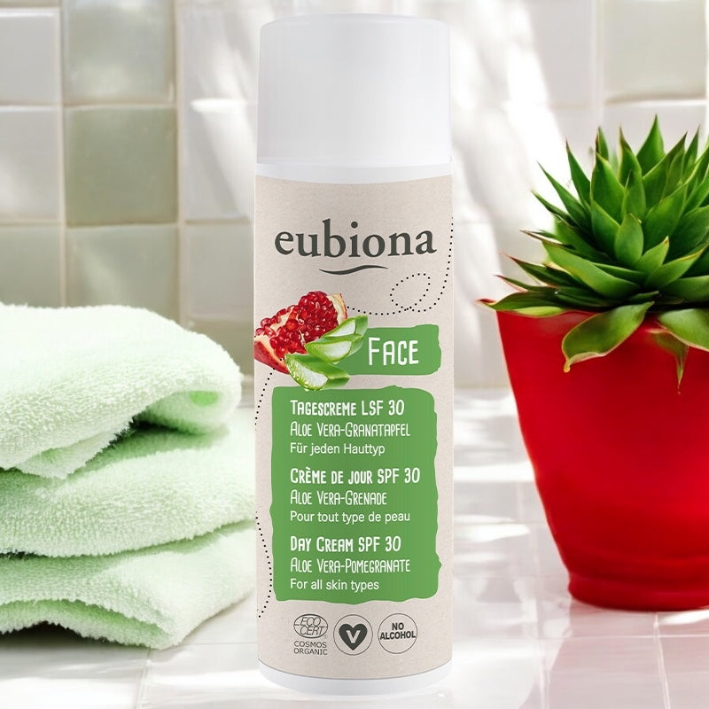 Bio-Tagescreme mit Lichtschutzfaktor 30, Aloe Vera und Granatapfel – 50 ml – Eubiona