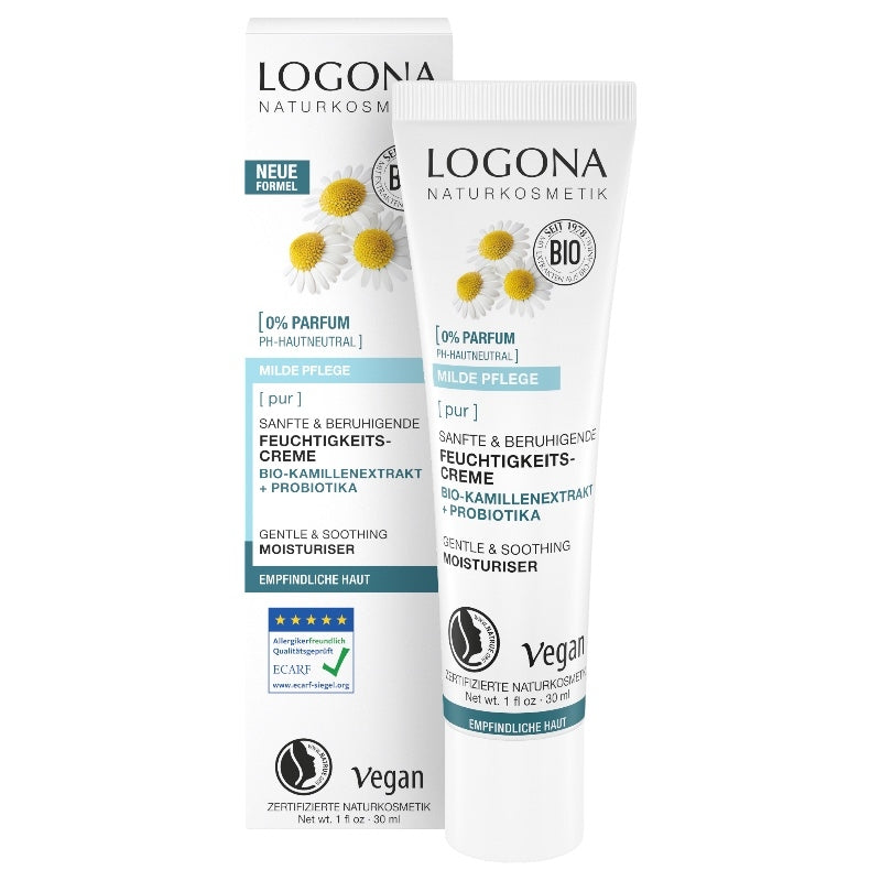 Sanfte und wohltuende Feuchtigkeitscreme mit Bio-Kamille und Probiotika – 30 ml – Logona