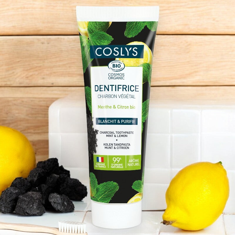 Bio-Zahnpasta mit Pflanzenkohle, Minze und Zitrone, fluoridfrei - 100 g - Coslys