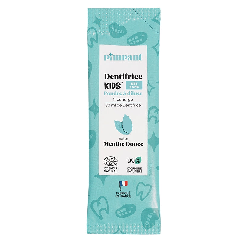 Zahnpastapulver für Kinder zum Auflösen, milder Minzgeschmack mit Fluorid – 8 g – Pimpant