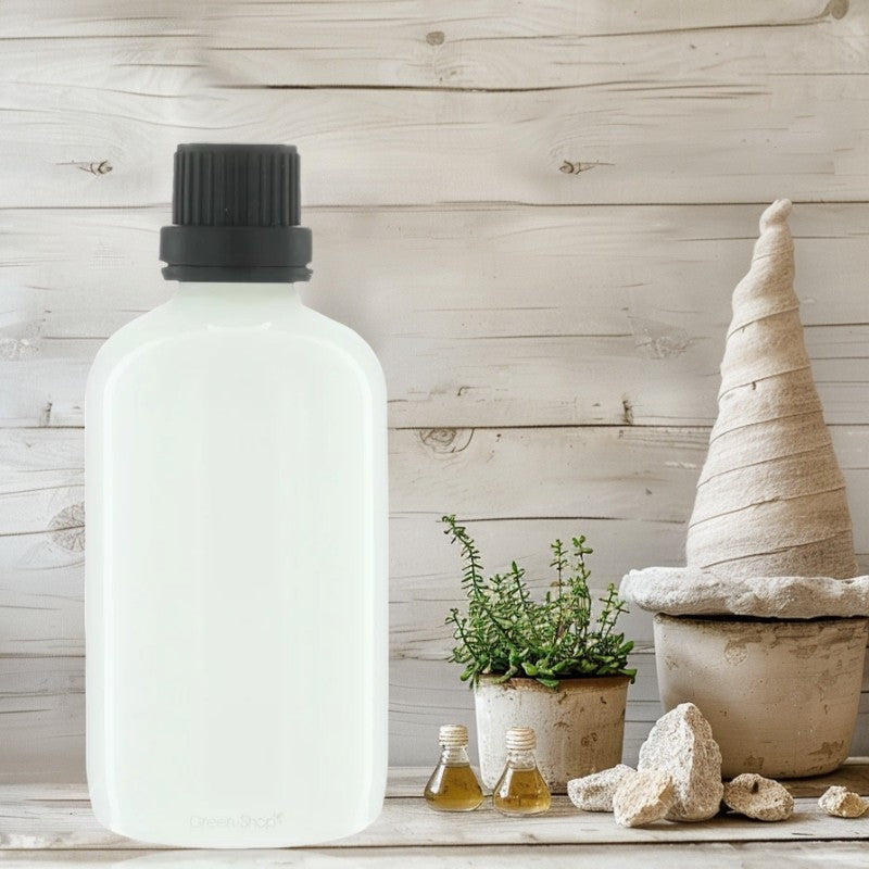 100-ml-Flasche aus weißem Glas mit schwarzem Schraubverschluss und Originalitätsverschluss – 1 Stück – Potion & Co