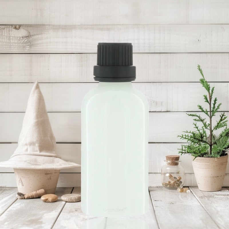 50-ml-Flasche aus weißem Glas mit schwarzem Schraubverschluss und Originalitätsverschluss – 1 Stück – Potion & Co