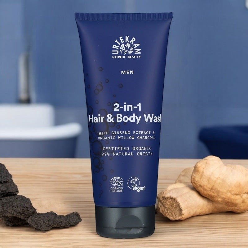 2-in-1 Duschgel für Männer mit Bio-Aktivkohle und Ginseng – 200 ml – Urtekram