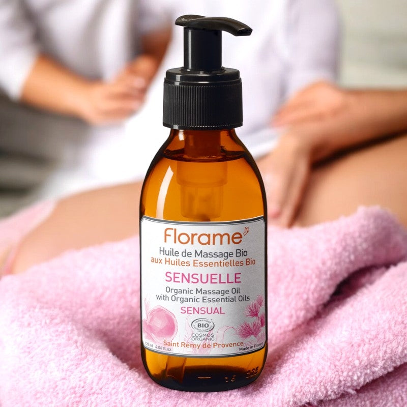 Bio-Massageöl für sinnliche Momente mit süßer Mandel und Patschuli – 120 ml – Florame