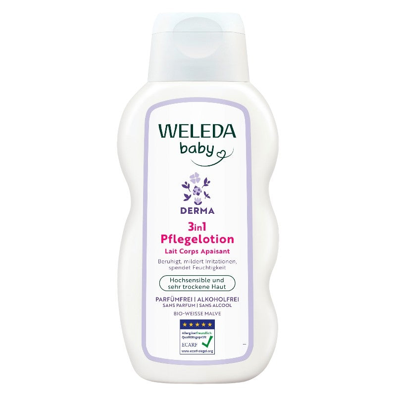 Weleda 3-in-1 Beruhigende Baby-Körperlotion, Bio-Mauve und Weiß – 200 ml