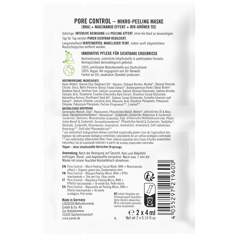 Masque micro peeling Pore Control BIO BHA & thé vert - 2x4ml - Sante