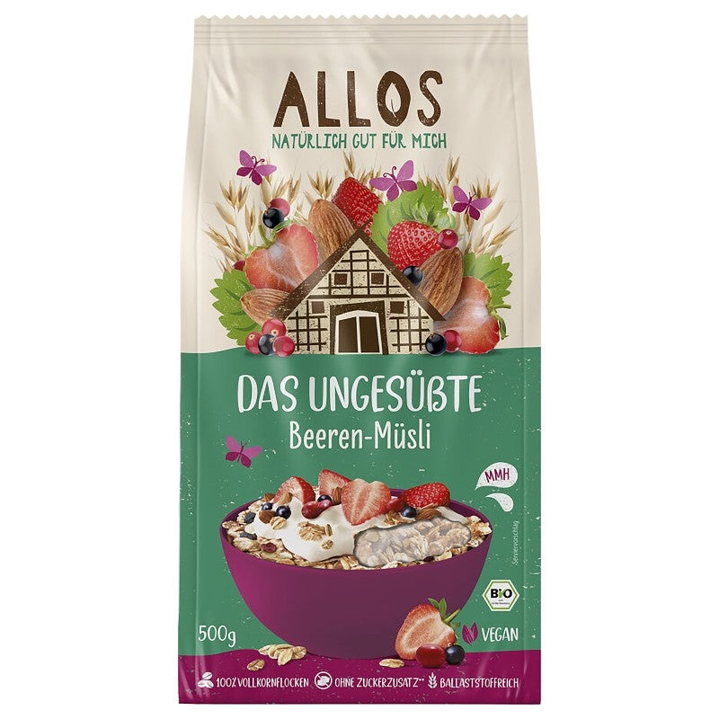 Bio-Müsli mit roten Beeren, ohne Zuckerzusatz – 500 g – Allos