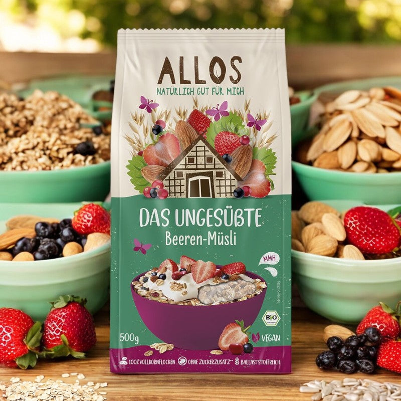 Bio-Müsli mit roten Beeren, ohne Zuckerzusatz – 500 g – Allos