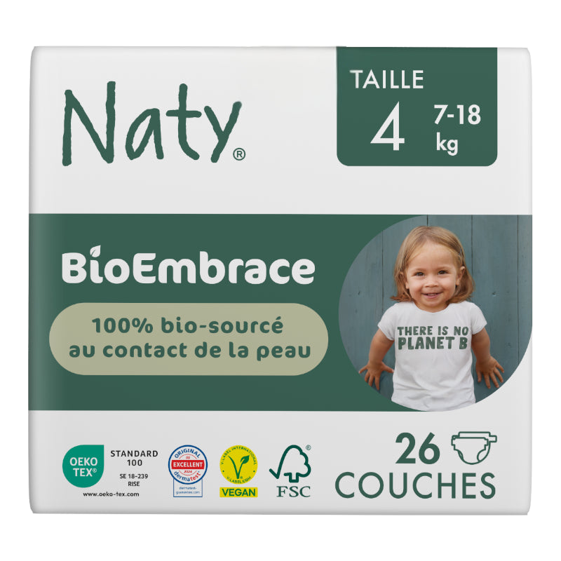 Couches jetables BioEmbrace Taille 4 - 7-18 kg - 26 pièces - Naty