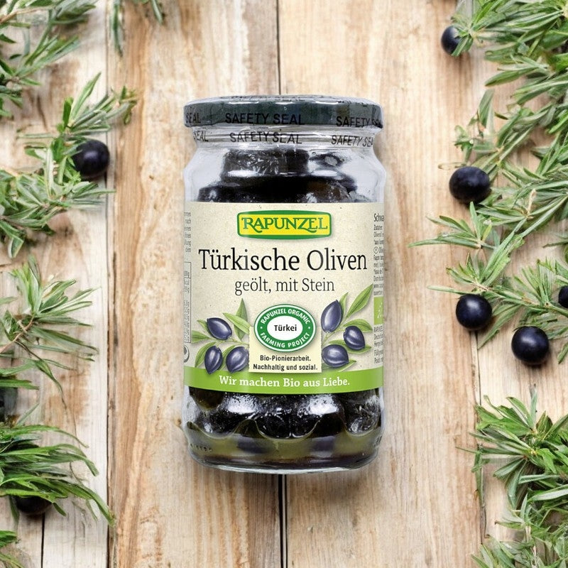 Türkische schwarze Oliven mit Kernen in Bio-Olivenöl - 185 g - Rapunzel
