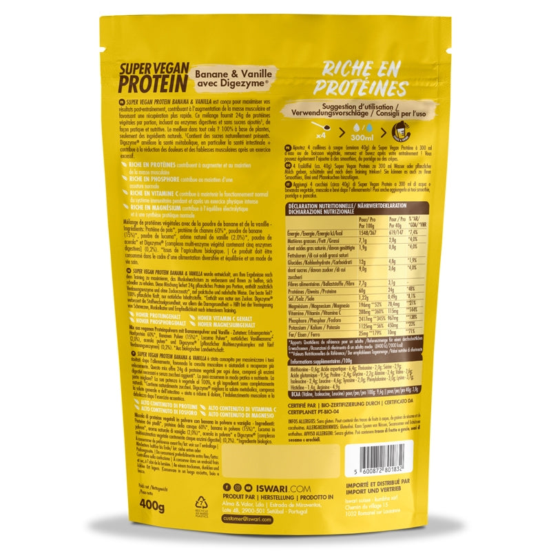 Super Vegan Protein Banane, Vanille & Bio-Digezyme - 400 g - Iswari