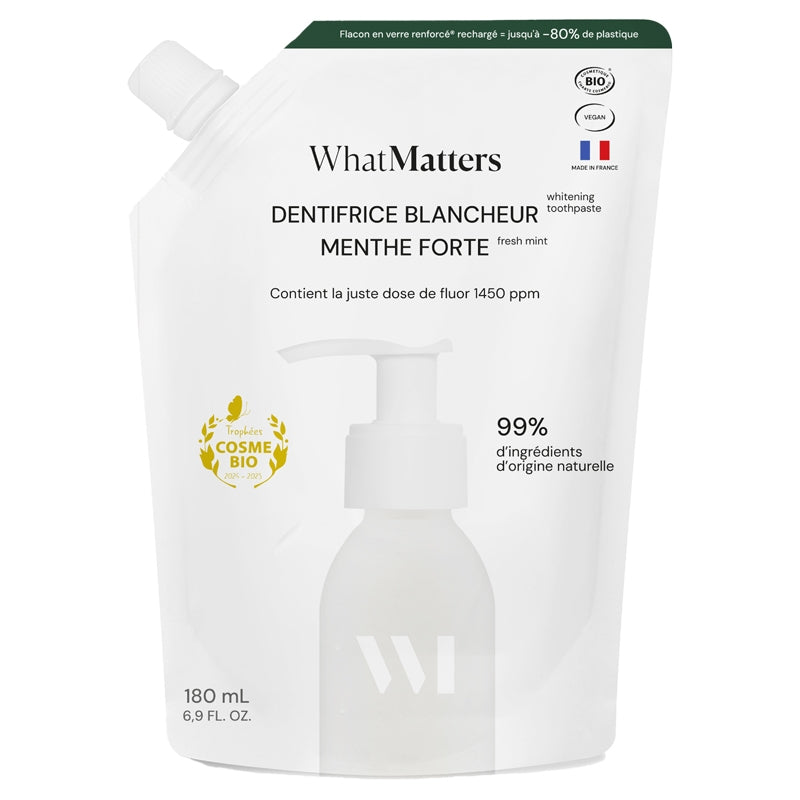 Nachfüllpackung für Bio-Zahncreme mit aufhellender Wirkung, Minzgeschmack mit Fluorid – 180 ml – What Matters
