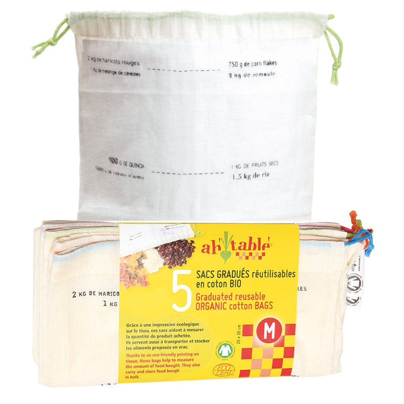 Wiederverwendbare, abgestufte Beutel aus Bio-Baumwolle, Größe M - 5 Stück - ah table!