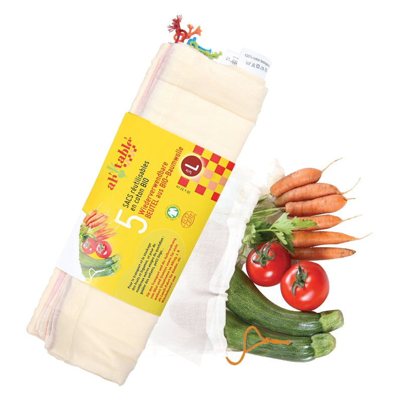 Wiederverwendbare Bio-Baumwollbeutel, Größe L - 5 Stück - ah table!