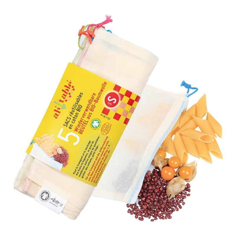 Wiederverwendbare Bio-Baumwollbeutel, Größe S - 5 Stück - ah table!