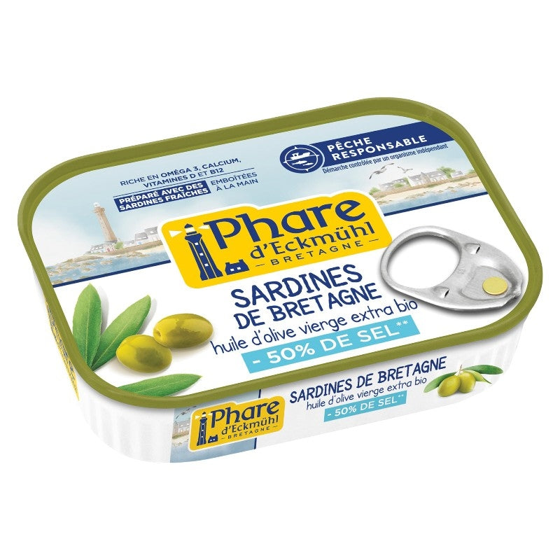 Sardines de Bretagne huile d'olive réduites en sel - 115g - Phare d'Eckmühl