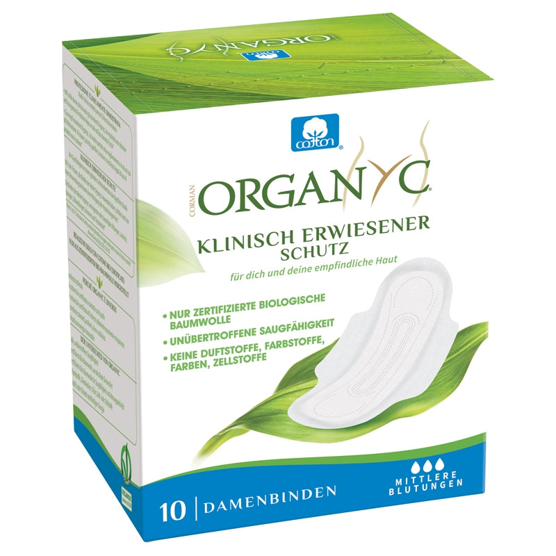 Organyc Regular & Winged Bio-Damenbinden für leichte bis mittlere Blutungen, 10 Stück