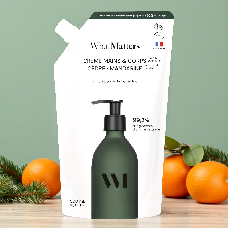 Éco-recharge crème mains corps BIO cèdre & mandarine - 500ml - What Matters