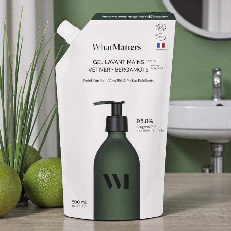 Ökologische Nachfüllpackung mit Bio-Handwaschgel mit Vetiver und Bergamotte – 500 ml – What Matters