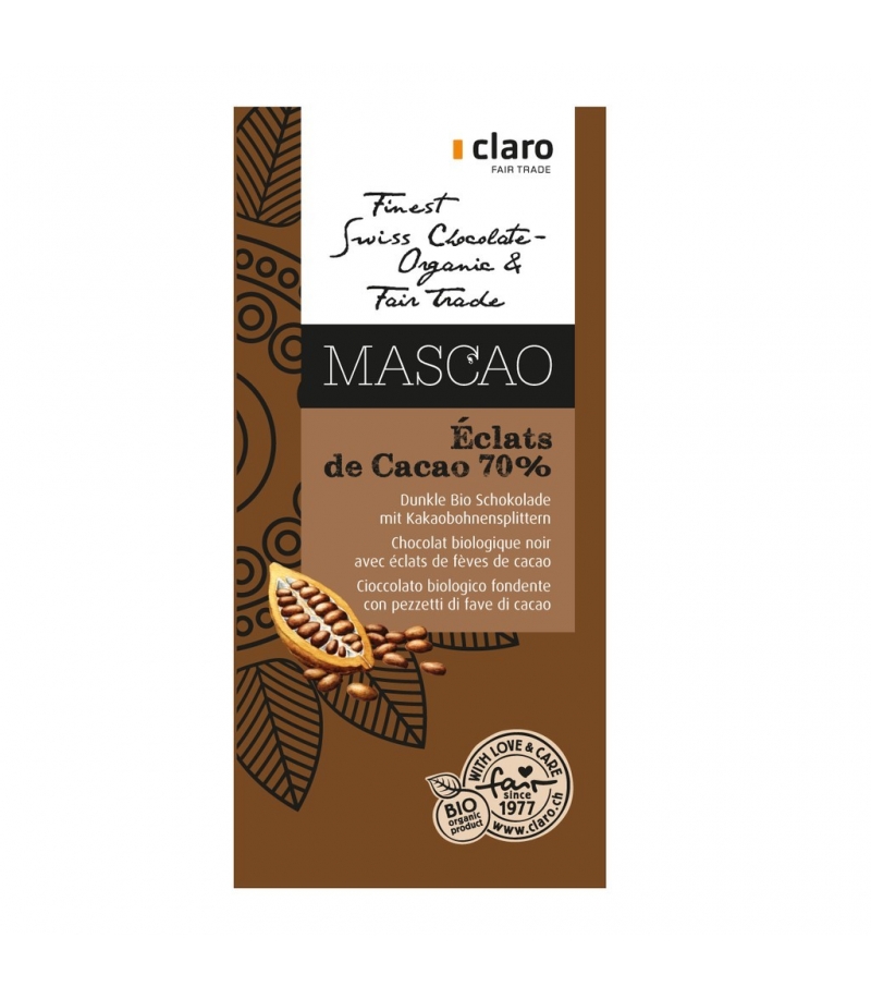 Chocolat BIO noir avec éclats de fèves de cacao 70% Mascao - 100g - Claro Chocolat BIO noir avec éclats de fèves de cacao 70% Mascao - 100g - Claro