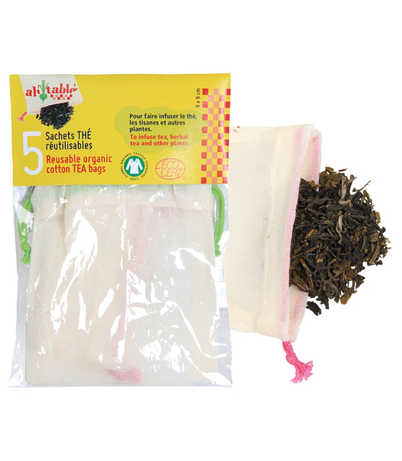 5 sachets à thé réutilisables en coton bio