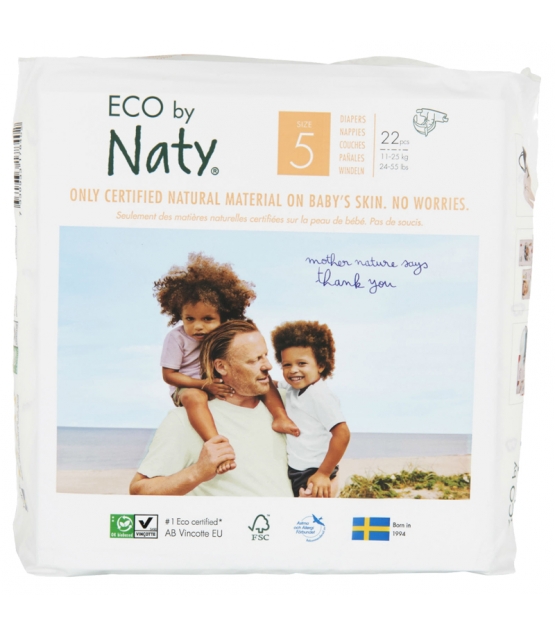 Couches & langes jetables écologiques Taille 5 Junior 11-25 kg - 1 sac de 22 pièces - Naty