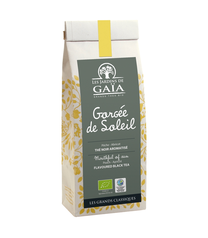 Gorgée de Soleil thé noir aromatisé à la pêche & abricot BIO - 100g - Les Jardins de Gaïa Gorgée de Soleil thé noir aromatisé à la pêche & abricot BIO - 100g - Les Jardins de Gaïa