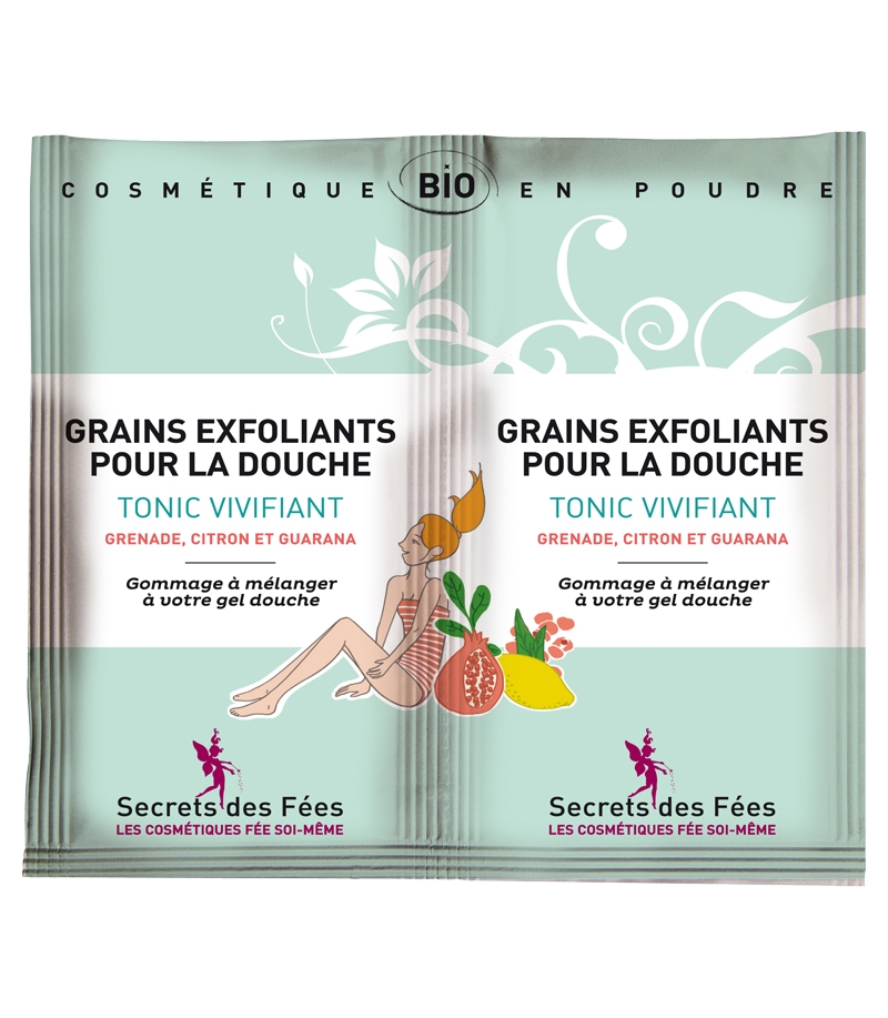 Grains exfoliants pour la douche tonique vivifiant BIO grenade, citron & guarana - 2x2,5g - Secrets des Fées Grains exfoliants pour la douche tonique vivifiant BIO grenade, citron & guarana - 2x2,5g - Secrets des Fées