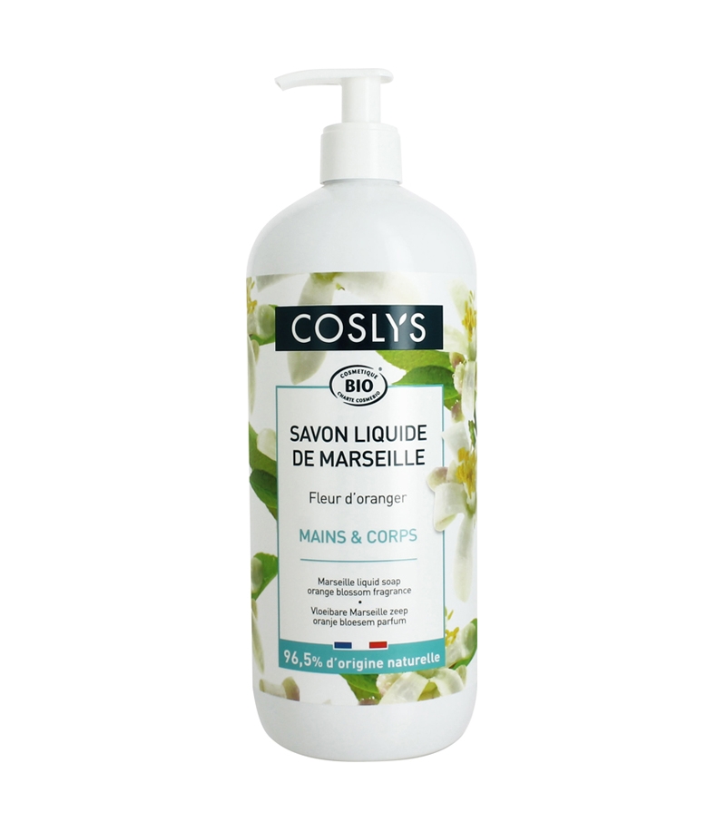 Savon liquide de Marseille mains & corps BIO fleur d'oranger - 1l - Coslys Savon liquide de Marseille mains & corps BIO fleur d'oranger - 1l - Coslys