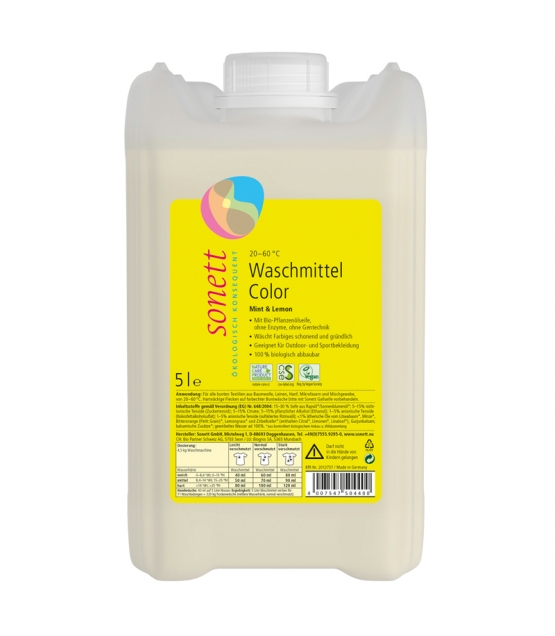 Ökologisches Flüssigwaschmittel Color Minze & Lemongrass - 70 Waschgänge - 5l - Sonett﻿