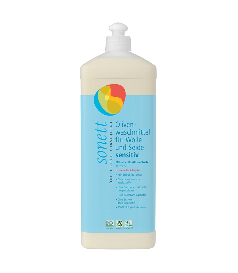 Ökologisches Olivenflüssigwaschmittel für Wolle & Seide sensitiv ohne Duft - 17 Waschgänge - 1l - Sonett﻿