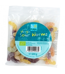 Bonbons serpentins acides aux fruits BIO sans gélatine - Veggie Sour Worms - 100g - Pural