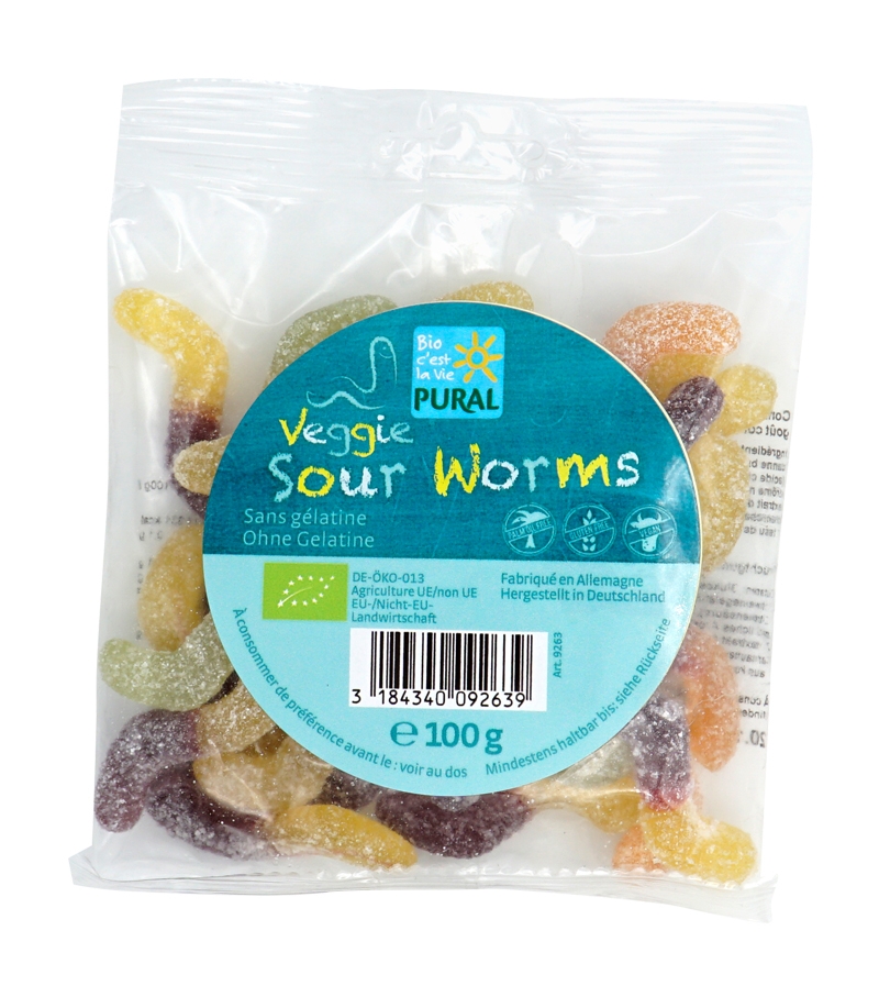 BIO-Veggie Sour Worms ohne Gelatine - Veggie Sour Worms - 100g - Pural BIO-Veggie Sour Worms ohne Gelatine - Veggie Sour Worms - 100g - Pural