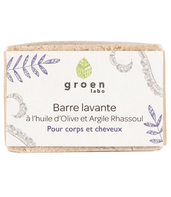 Barre lavante corps & cheveux naturelle olive & rhassoul - 100g - Groen labo