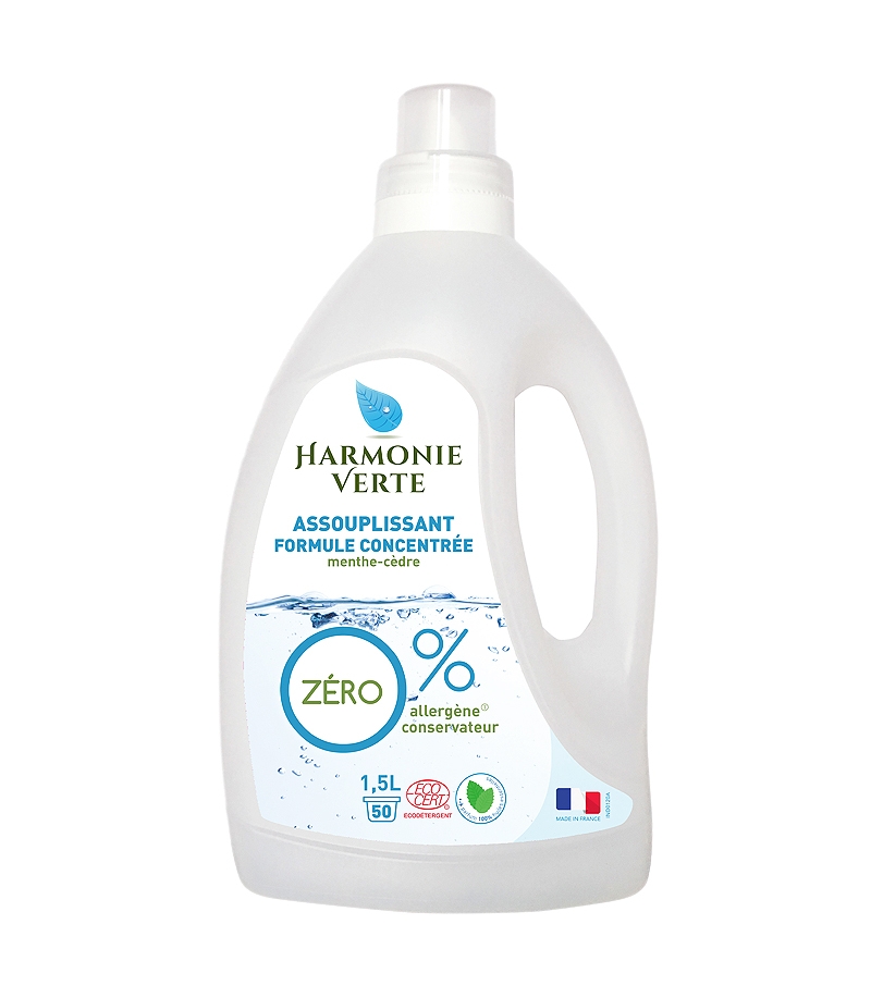 Assouplissant concentré menthe-cèdre écologique - 50 lavages - 1,5l - Harmonie Verte Assouplissant concentré menthe-cèdre écologique - 50 lavages - 1,5l - Harmonie Verte