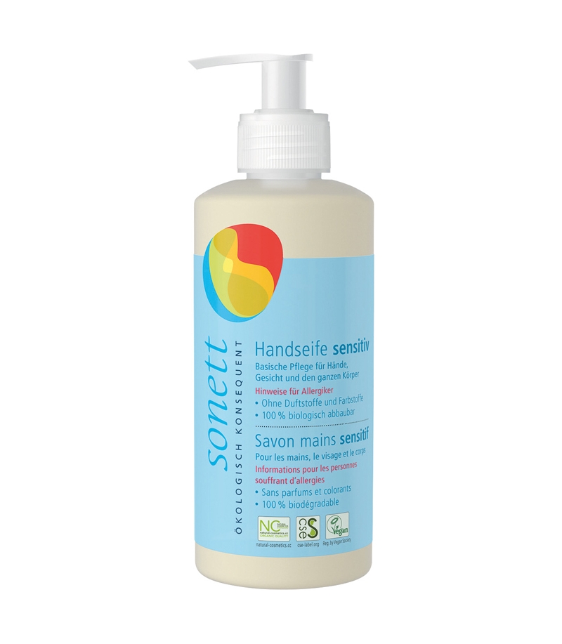 Ökologische flüssige Seife für Hände, Gesicht & Körper sensitiv ohne Duft - 300ml - Sonett﻿