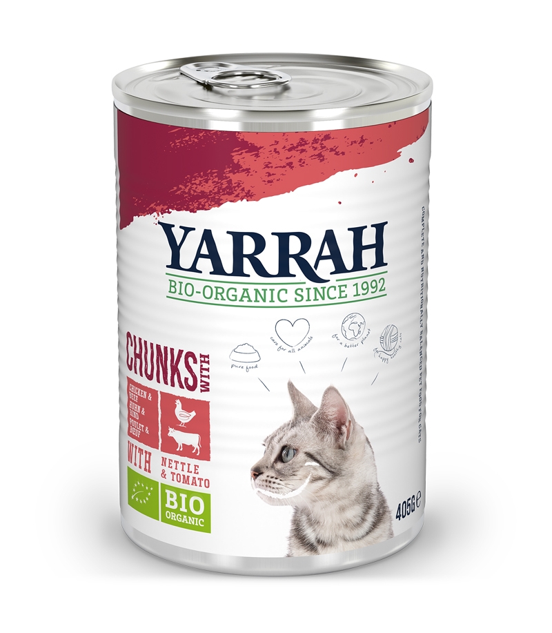 Bouchées BIO poulet & boeuf en sauce avec orties & tomate pour chat - 405g - Yarrah