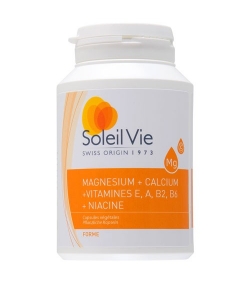 Magnésium + calcium + vitamines E, A, B2, B6 + Niacine - 100 capsules - 717mg - Soleil Vie Magnésium + calcium + vitamines E, A, B2, B6 + Niacine - 100 capsules - 717mg - Soleil Vie