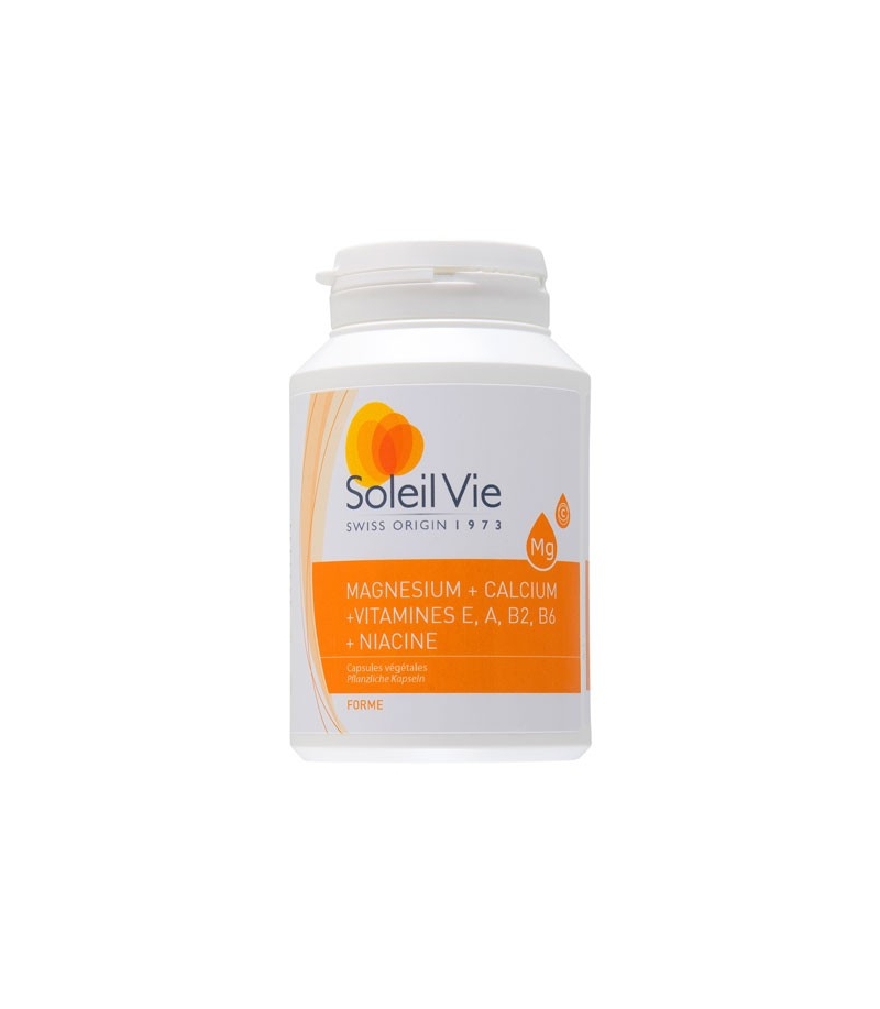 Magnésium + calcium + vitamines E, A, B2, B6 + Niacine - 100 capsules - 717mg - Soleil Vie Magnésium + calcium + vitamines E, A, B2, B6 + Niacine - 100 capsules - 717mg - Soleil Vie
