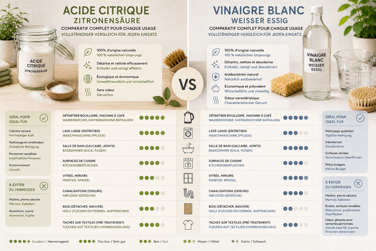 Acide citrique ou vinaigre blanc : comparatif complet pour chaque usage
