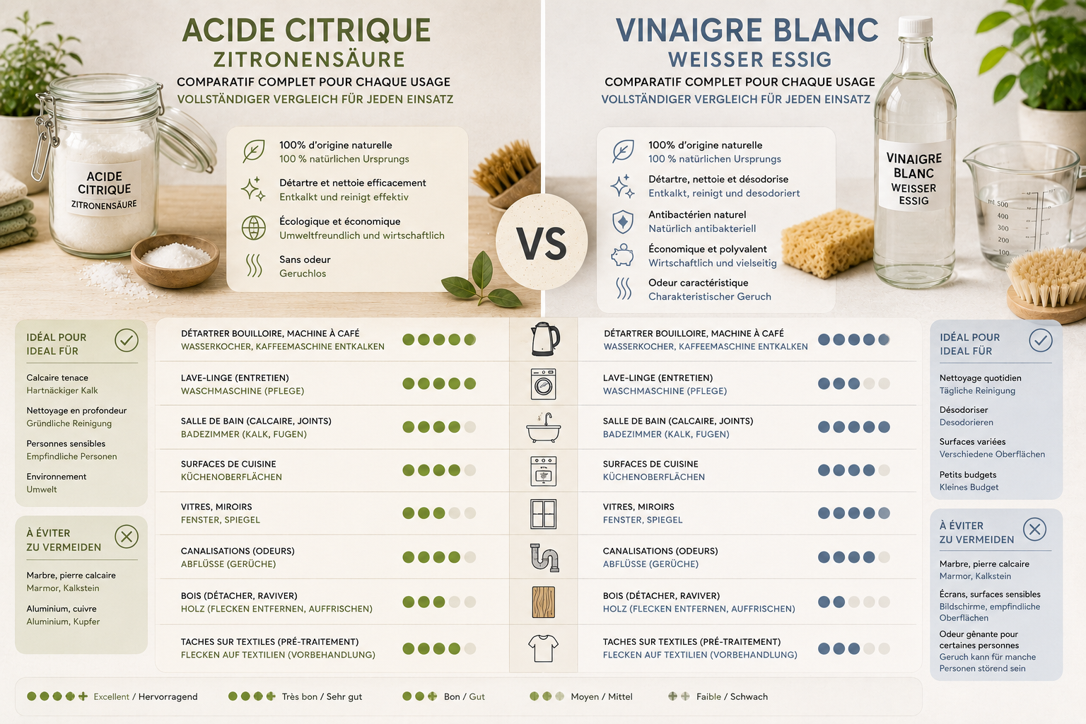 Acide citrique ou vinaigre blanc : comparatif complet pour chaque usage