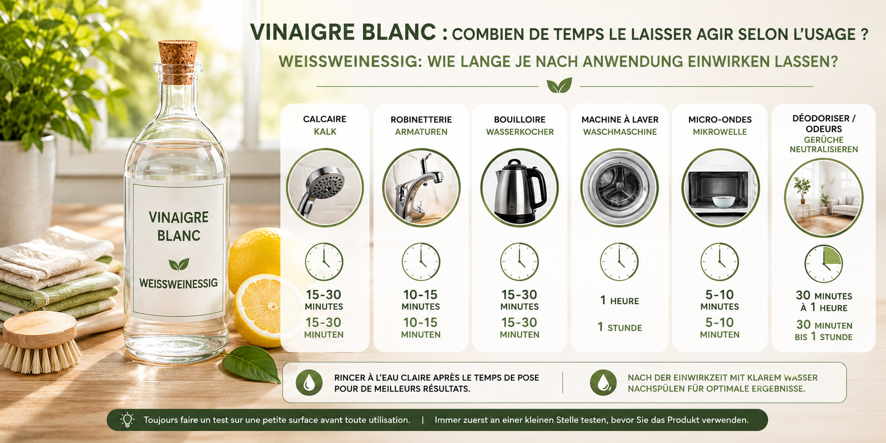 Vinaigre blanc : combien de temps le laisser agir selon l'usage ?