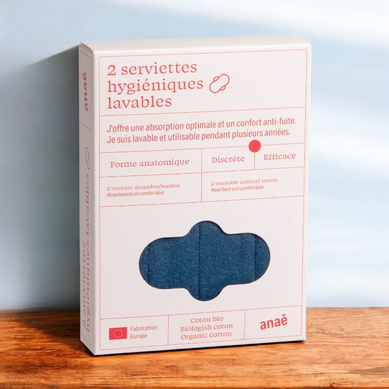2 waschbare Damenbinden, blau &amp; schwarz, Bio, für die Nacht - Anaé