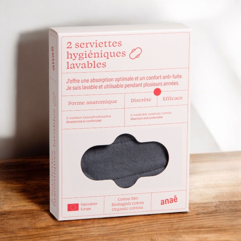 2 waschbare Bio-Damenbinden, grau &amp; schwarz, für starke Menstruation - Anaé