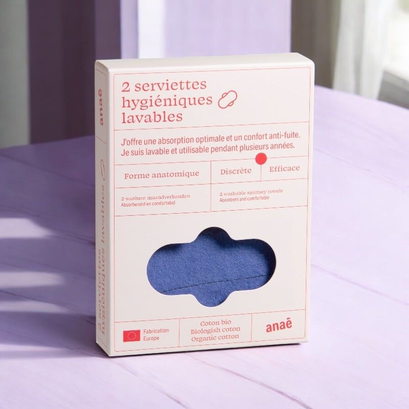 2 waschbare Bio-Damenbinden in Lila und Schwarz für leichte Menstruation - Anaé